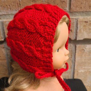 Baby Girl Hat BONNET knitted Acrylic Polyester Handmade Red Size 2-5 Months